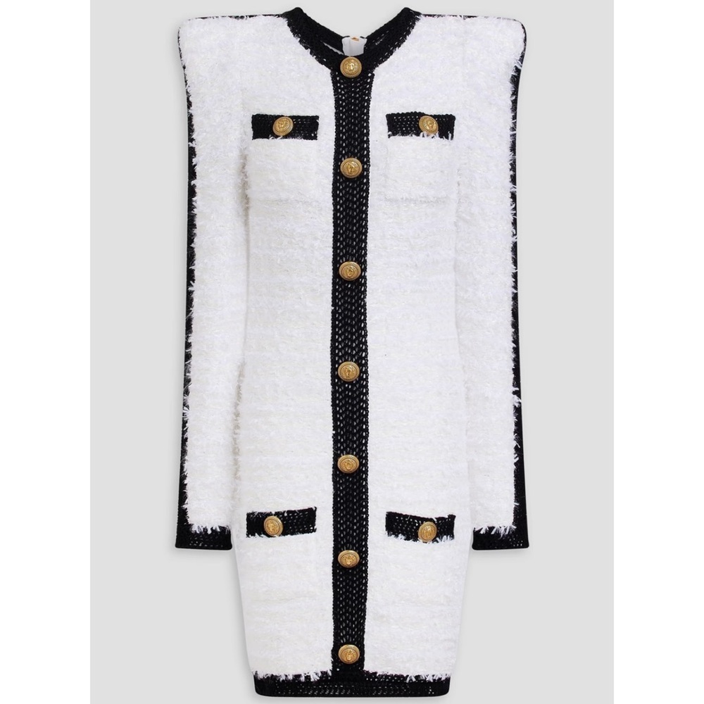 Balmain Embellished Black & White Tweed Mini Dress Size 40 – Like New